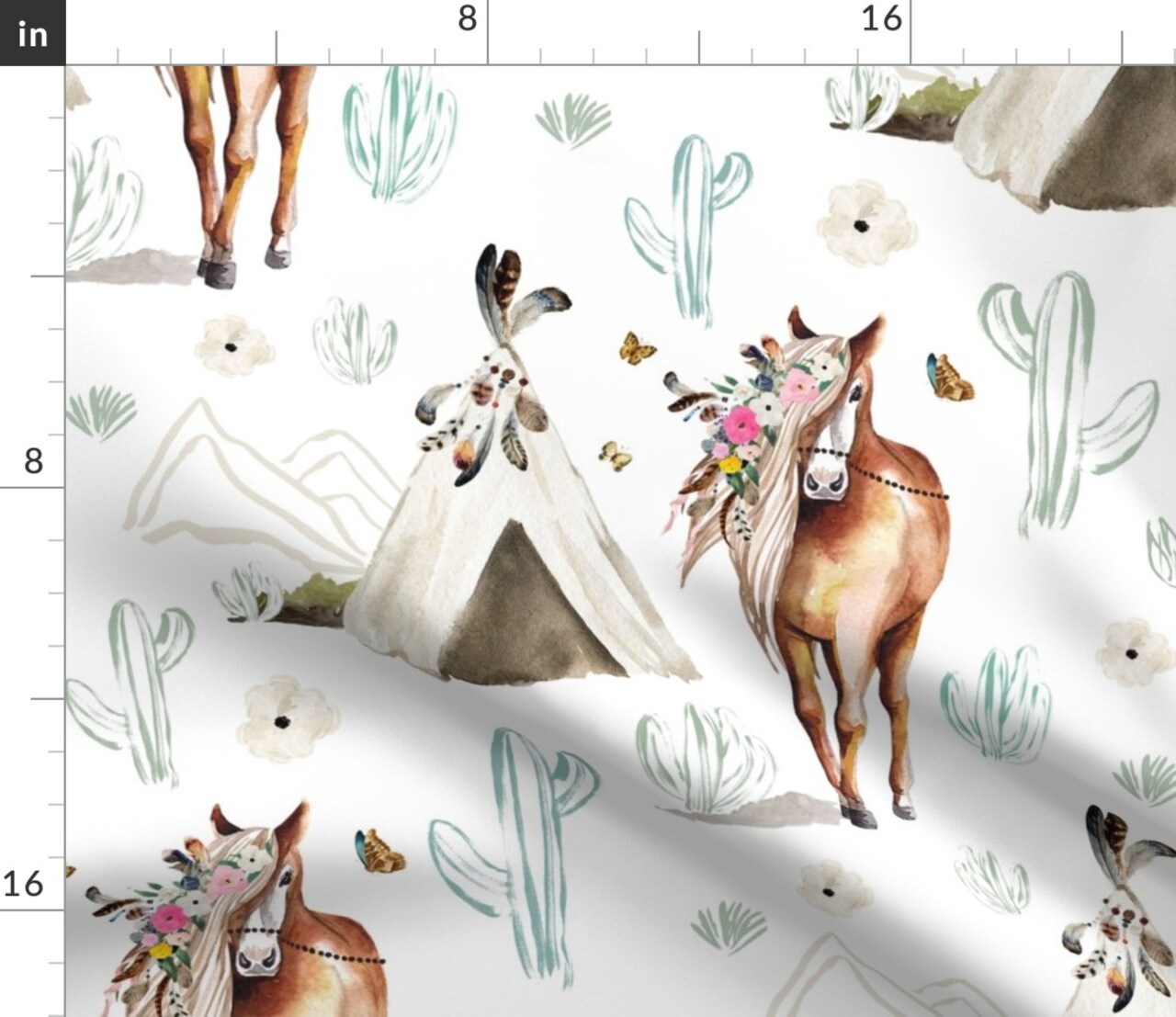 Spring Boho Floral Horse White Flowers Feathers Western Tribal Custom Printed Fabric by Spoonflower Various Fabrics by the Yard or Fat Quarter